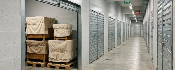 Intérieur d'un box de stockage professionnel avec porte métallique ouverte révélant des meubles emballés dans des housses coton et surélevés sur palettes, couloir large avec sol béton et éclairage LED, installation sécurisée française