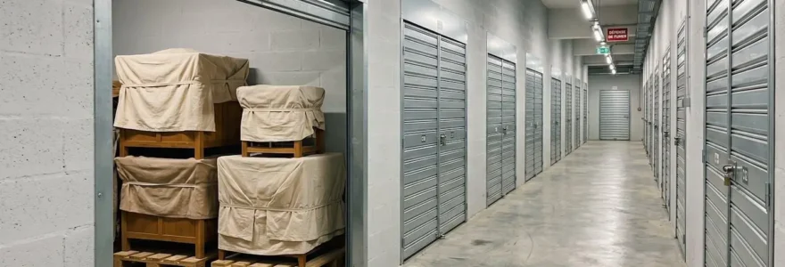 Intérieur d'un box de stockage professionnel avec porte métallique ouverte révélant des meubles emballés dans des housses coton et surélevés sur palettes, couloir large avec sol béton et éclairage LED, installation sécurisée française